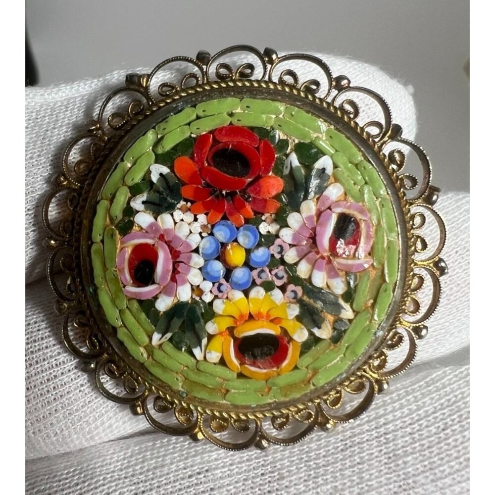 Vintage Italian Micro Mosaic Floral Brooch With Brass Filigree Frame
